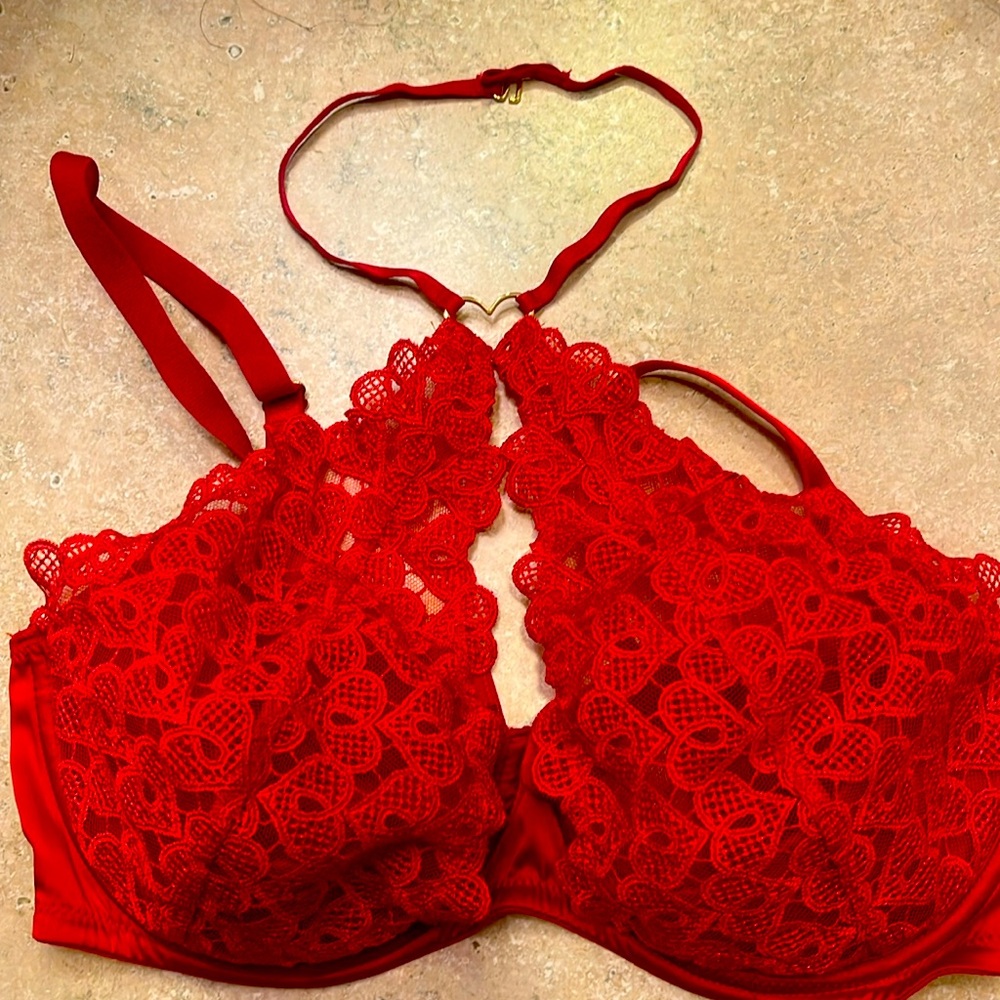 NWT Victoria’s Secret Hearts Lace Red Sheer Bra 34DD